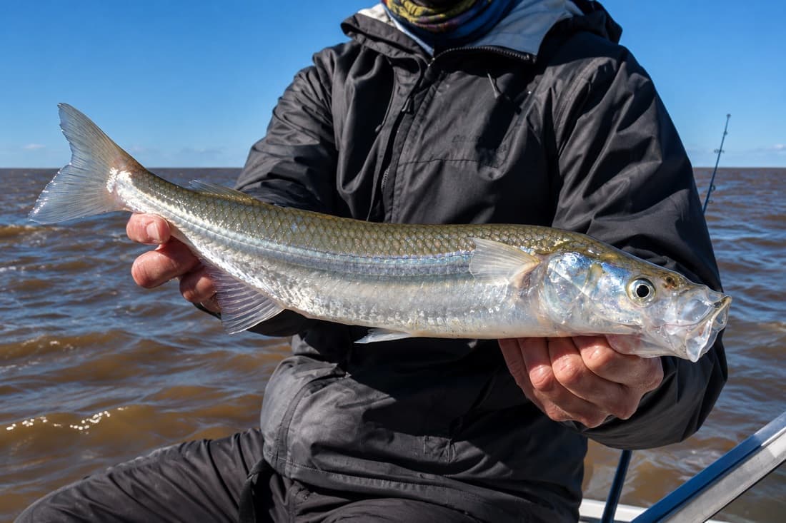 Pescador con un pejerrey en una laguna